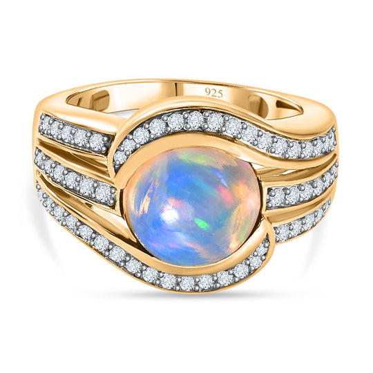 Natürlicher, äthiopischer Welo Opal, Weißer Zirkon Ring, 925 Silber Gelbgold Vermeil, (Größe 19.00) ca. 3.15 ct