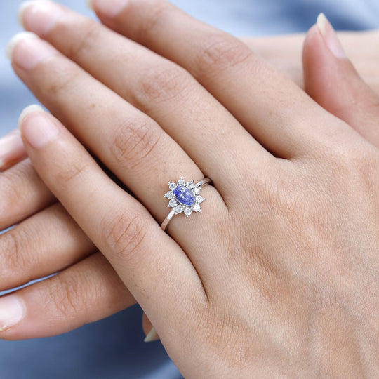 AA Tansanit, Weißer Zirkon Ring, 925 Silber platiniert, (Größe 20.00) ca. 0.97 ct