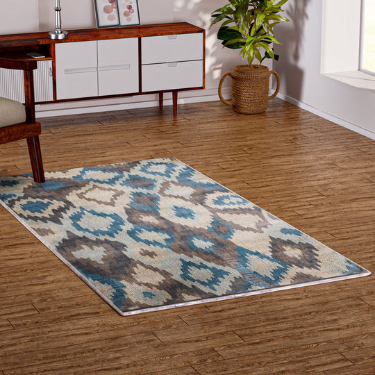Stilvoller Webteppich Hochflor-Polyester, 91 x 152 cm, Creme