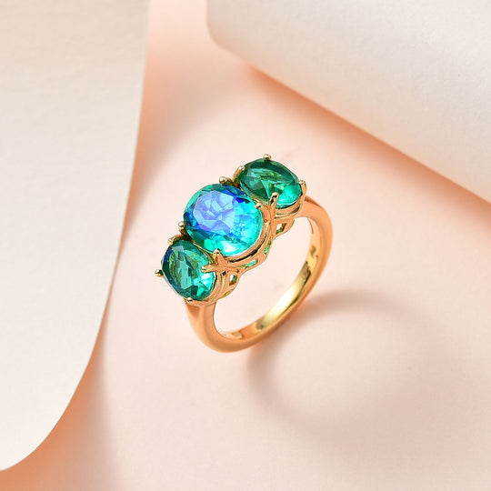 Pfau Quartz Triplette Ring, 925 Silber Gelbgold Vermeil, (Größe 20.00) ca. 5.60 ct