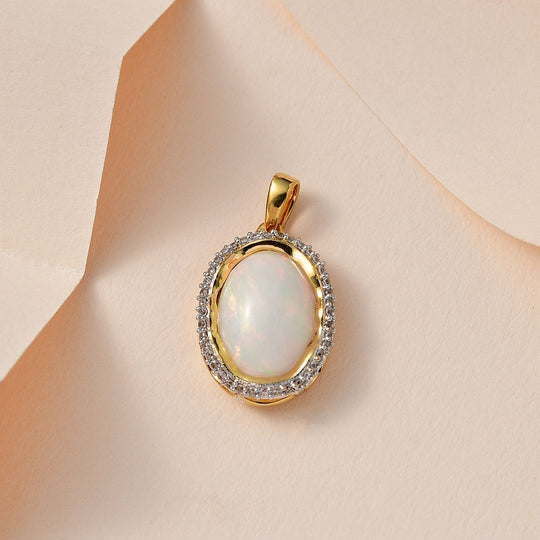 AAA Natürlicher, äthiopischer Welo Opal, Weißer Zirkon Anhänger 925 Silber Gelbgold Vermeil ca. 4,57 ct.