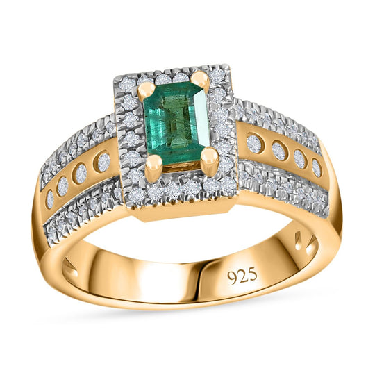AAA Smaragd, Weißer Zirkon Ring 925 Silber Gelbgold Vermeil (Größe 17.00) ca. 1,07 ct