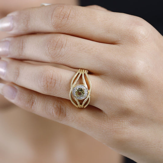AA Natürlicher goldener Tansanit, Weißer Zirkon Ring 925 Silber Gelbgold Vermeil (Größe 20.00) ca. 0,69 ct