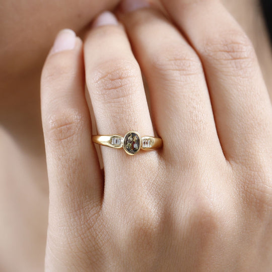 AA Natürlicher goldener Tansanit, Weißer Zirkon Ring 925 Silber Gelbgold Vermeil (Größe 18.00) ca. 0,57 ct