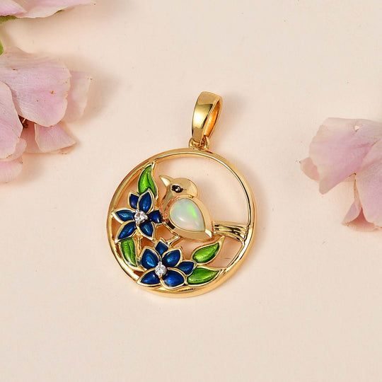 AA Natürlicher, äthiopischer Welo Opal, Weißer Zirkon Anhänger 925 Silber Gelbgold Vermeil ca. 0,34 ct.