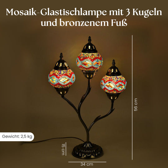 Handgefertigte Mosaikglaslampe im orientalischen Stil mit 3 Kugeln, 56 x 34 x 15, Wellen