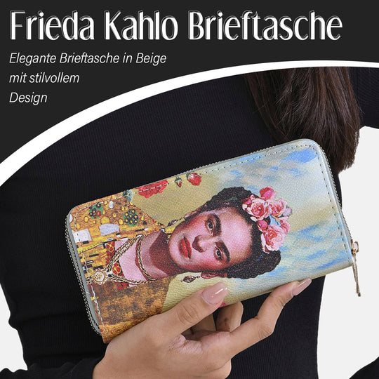 Frieda Kahlo Brieftasche mit doppeltem Reißverschluss, mit mehreren Kartenfächern und RFID-Schutz, 19x10x4 cm, Beige
