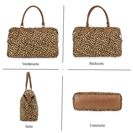 Weekender-Tasche aus supersoftem Mikroflanell und Kunst-Leder mit Leopardenmuster und verstellbarer Riemen, 54 x 37 x 18 cm, Patchwork