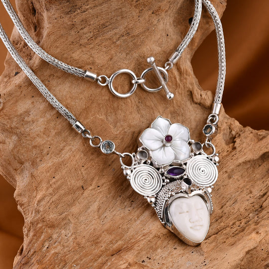 Royal Bali Sajan Silber - Blau Topas, Afrikanischer Amethyst Halskette ca. 50 cm 925 Silber Standard