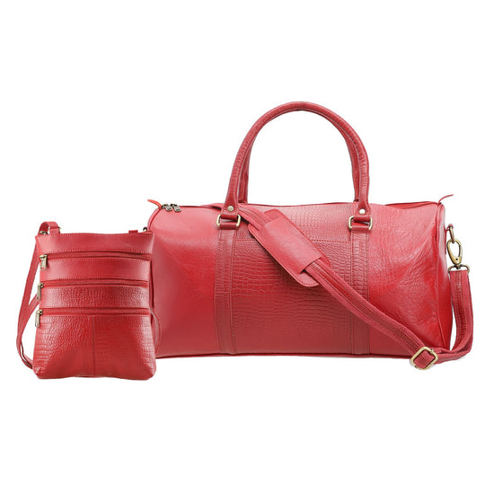 2-teiliges Reisetaschen-Set aus 100 % Echtleder, Croco-Prägung, (44 x 20 x 23 cm) und Umhängetasche (20 x 4 x 24 cm), Rot