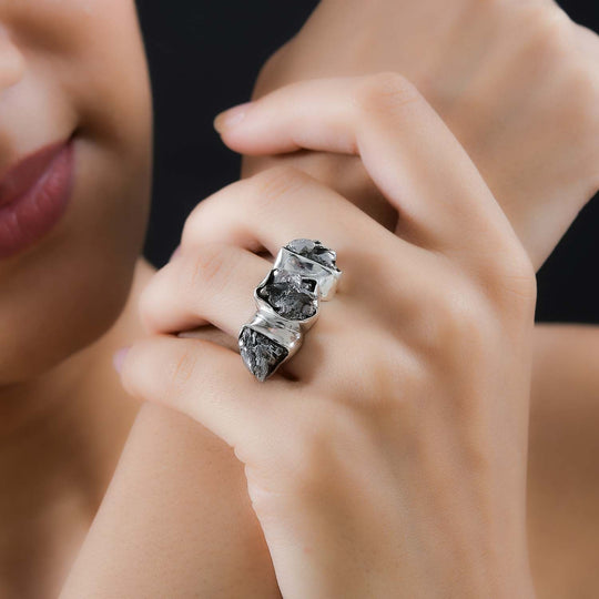 Muonionalusta Meteorit Ring 925 Silber rhodiniert (Größe 19.00) ca. 28.00 ct