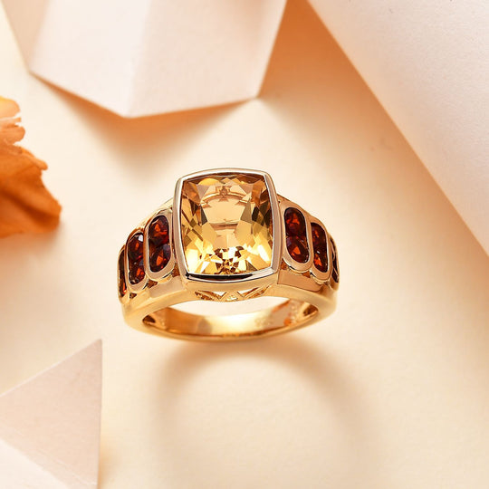 AA Citrin, Mosambik Granat Ring 925 Silber Gelbgold Vermeil ca. 5,42 ct