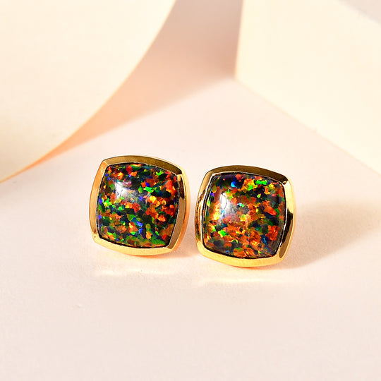 Labor erstellt schwarzen Opal Ohrringe 925 Silber Gelbgold Vermeil ca. 3,43 ct.