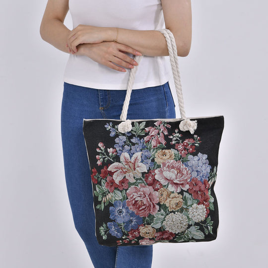Gewebte Jutetasche mit buntem Blumenmuster, Maße: 42x34xx37cm, Schwarz