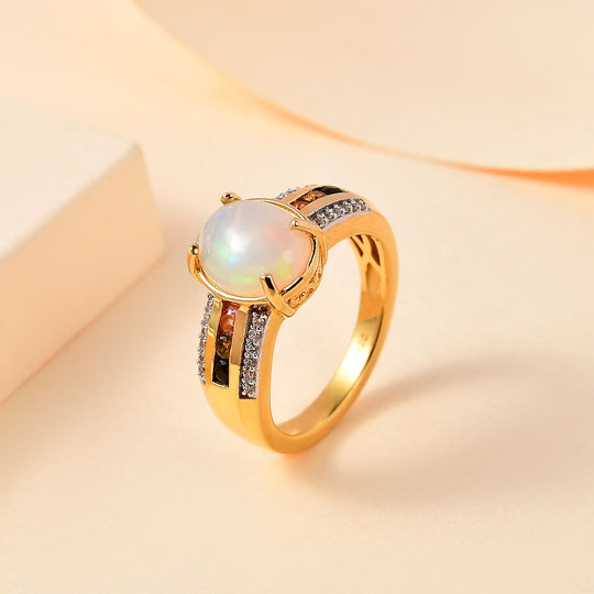 AA Natürlicher, äthiopischer Welo Opal, Mehrfarbiger-Turmalin Ring, 925 Silber 750 Gelb Vermeil (Größe 19.00) ca. 2.05 ct