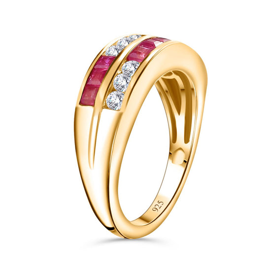 Afrikanischer Rubin (Fissure gefüllt), Weißer Zirkon Ring, 925 Silber vergoldet (Größe 21.00) ca. 1.49 ct