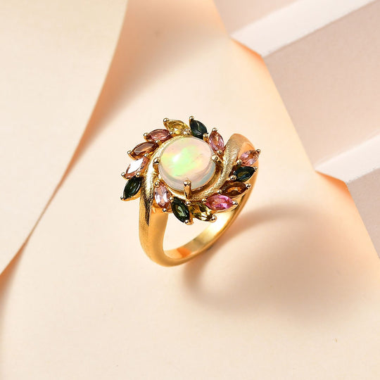 AA Natürlicher, äthiopischer Welo Opal, Mehrfarbiger-Turmalin Ring, 925 Silber Gelbgold Vermeil (Größe 18.00) ca. 2.56 ct