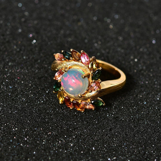 AA Natürlicher, äthiopischer Welo Opal, Mehrfarbiger-Turmalin Ring, 925 Silber Gelbgold Vermeil (Größe 18.00) ca. 2.56 ct