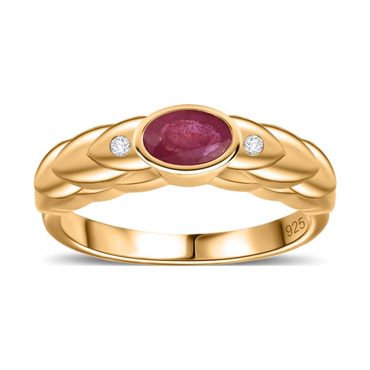 Afrikanischer Rubin (Fissure gefüllt), Weißer Zirkon Ring 925 Silber 750 Gelbgold Vermeil (Größe 21.00) ca. 0,76 ct