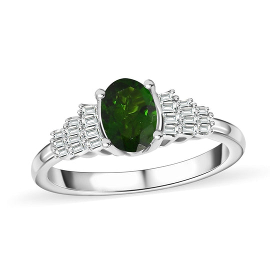 Natürlicher Chromdiopsid, Weißer Diamant Ring 925 Silber rhodiniert (Größe 18.00) ca. 1,05 ct