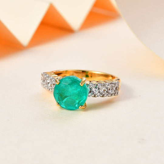 Smaragd-Quarz Triplette, Weißer Zirkon Ring 925 Silber 750 Gelbgold Vermeil (Größe 21.00) ca. 4,79 ct