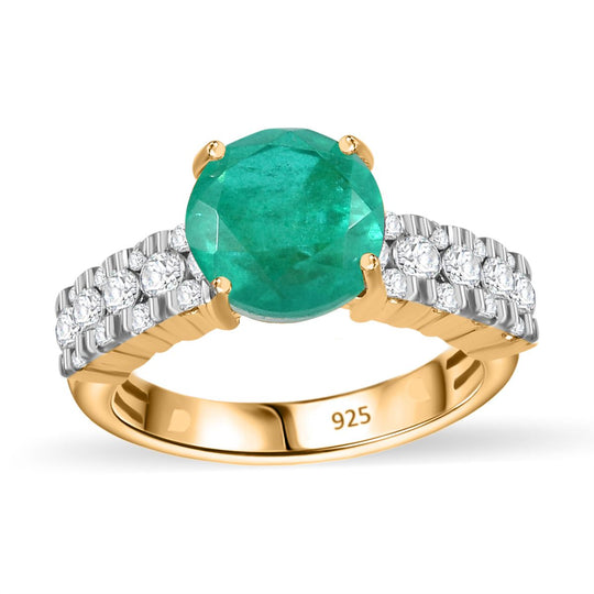 Smaragd-Quarz Triplette, Weißer Zirkon Ring 925 Silber 750 Gelbgold Vermeil (Größe 21.00) ca. 4,79 ct
