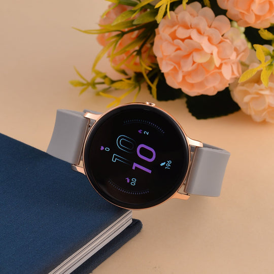 STRADA Hiwatch Plus Elegante Smartwatch - Roségold mit Grauem Silikonarmband, umfassende Gesundheits- und Sportfunktionen, Bluetooth 5.0