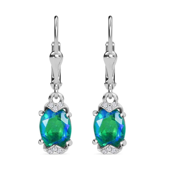 Pfau Quarz Triplette, Weißer Zirkon Ohrringe 925 Silber rhodiniert ca. 2.86 ct