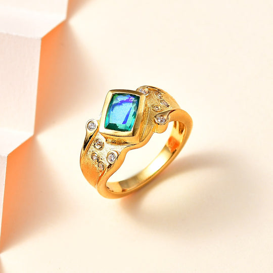 Pfau Quarz Triplette, Weißer Zirkon Ring 925 Silber 750 Gelbgold Vermeil (Größe 17.00) ca. 1,79 ct
