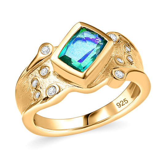 Pfau Quarz Triplette, Weißer Zirkon Ring 925 Silber 750 Gelbgold Vermeil (Größe 17.00) ca. 1,79 ct