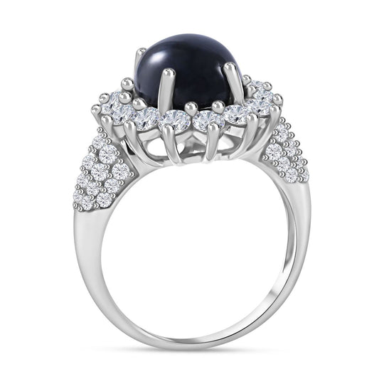 Diffundierter Stern blauer Saphir, Moissanit Ring, 925 Silber rhodiniert (Größe 19.00) ca. 7.90 ct