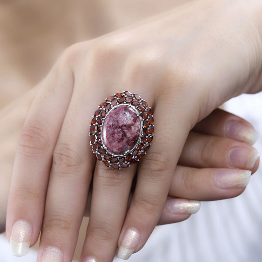 AA Thulit, Roter Granat Ring, 925 Silber rhodiniert (Größe 21.00) ca. 23.69 ct