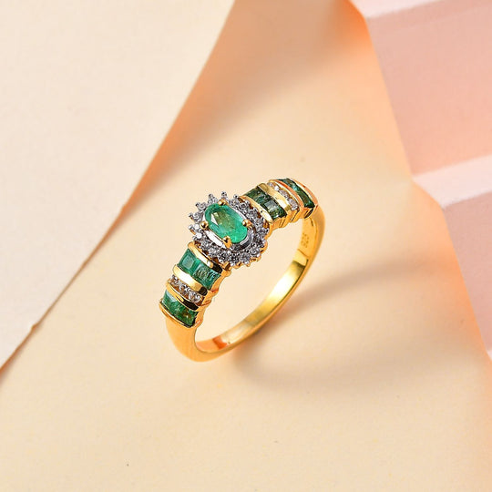 Kagem Sambischer Smaragd Ring 925 Silber 750 Gelbgold Vermeil ca. 0,80 ct