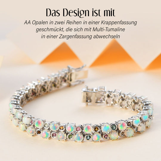 AA Natürlicher, äthiopischer Welo Opal, Mehrfarbig-Turmalin Armband ca. 20 cm 925 Silber rhodiniert ca. 11,66 ct.