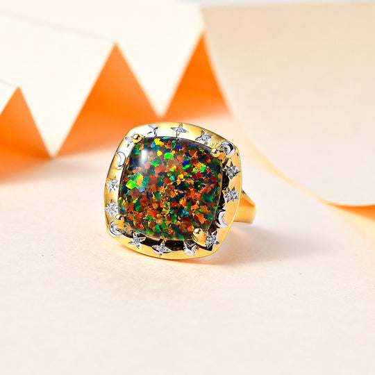 Lab Grown, schwarzen Opal, Weißer Zirkon Ring, 925 Silber 750 Gelbgold Vermeill (Größe 18.00) ca. 5.10 ct