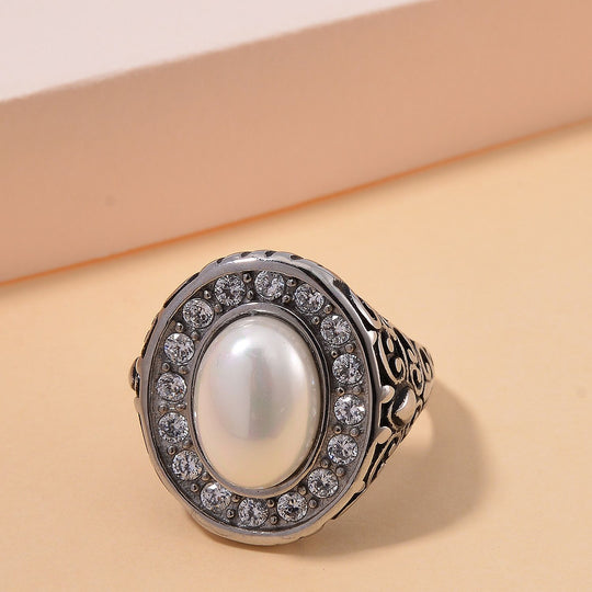 Weißer Muschelkernperle und weißer Zirkonia Ring, Edelstahl