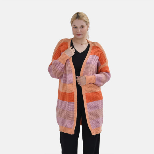 TAMSY - Gestreifter Cardigan, Orange und Lila, One size