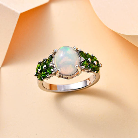 AA Natürlicher, äthiopischer Welo Opal, Natürlicher Chromdiopsid Ring 925 Silber rhodiniert (Größe 21.00) ca. 2,74 ct