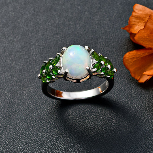 AA Natürlicher, äthiopischer Welo Opal, Natürlicher Chromdiopsid Ring 925 Silber rhodiniert (Größe 21.00) ca. 2,74 ct