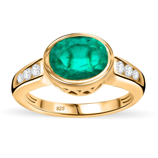 Smaragd-Quarz Triplette, Weißer Zirkon Ring 925 Silber 750 Gelbgold Vermeil ca. 2,65 ct