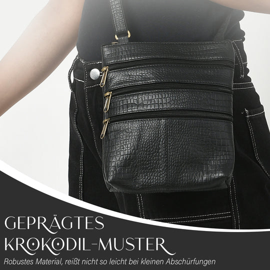 CLOSE OUT - Echtleder Crossbody Tasche mit Kroko Prägung, Multi-Fächer, 20 x 24 cm, Taupe