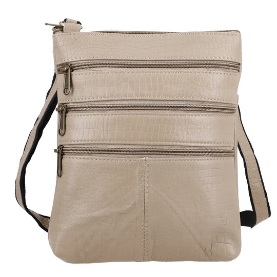CLOSE OUT - Echtleder Crossbody Tasche mit Kroko Prägung, Multi-Fächer, 20 x 24 cm, Taupe