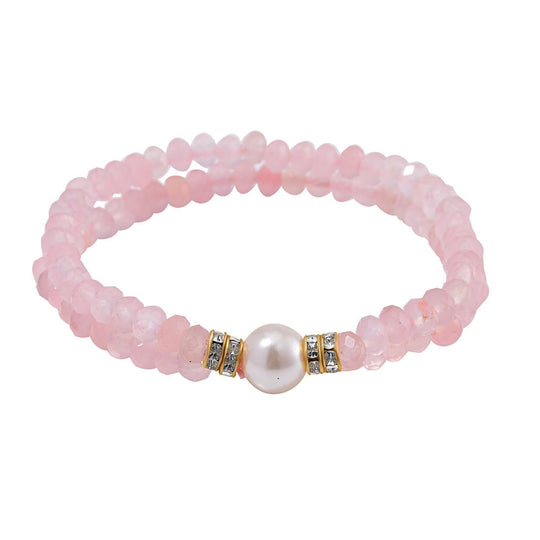 Weiße Muschelkernperle (9-11 mm) Armband mit Blauem Quarzit und Weißem Kristall, flexibel (18-19 cm), Goldfarben
