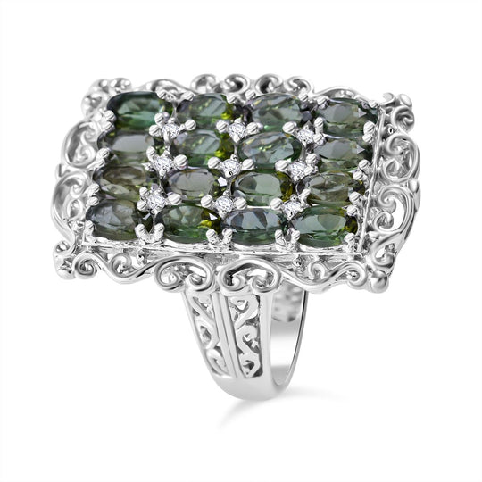 Grüner Turmalin, Weißer Zirkon Ring 925 Silber rhodiniert (Größe 20.00) ca. 3,70 ct