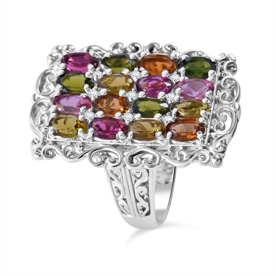 Mehrfarbiger-Turmalin, Weißer Zirkon Ring 925 Silber rhodiniert (Größe 18.00) ca. 3.64 ct