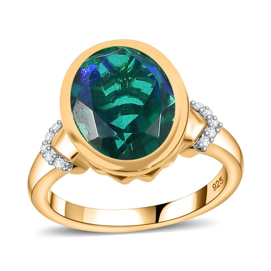 Pfau Quarz Triplette, Weißer Zirkon Ring 925 Silber 750 Gelbgold Vermeil ca. 5,41 ct