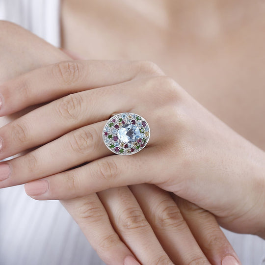 Himmelblauer Topas, Natürlicher Rhodolith Granat Ring 925 Silber rhodiniert (Größe 21.00) ca. 5.89 ct