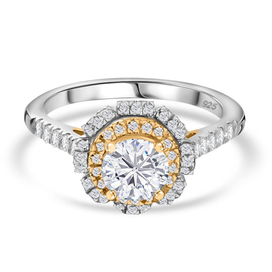 Moissanit Ring 925 Silber Rhodiniert und 750 Gelbgold Vermeil (Größe 20.00) ca. 1.34 ct