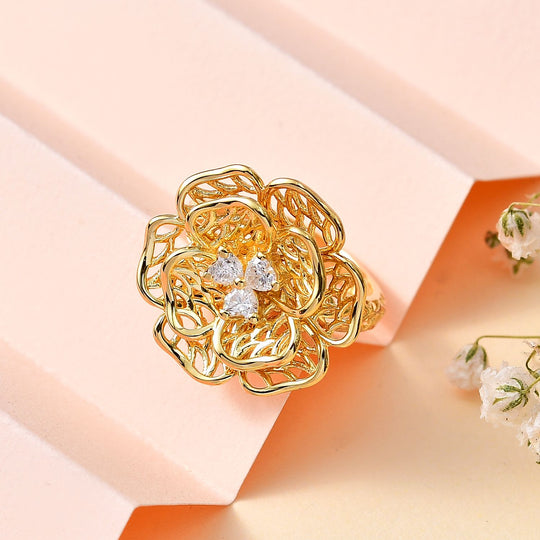 Moissanit Floraler-Design Ring, 925 Silber 750 Gelbgold Vermeil (Größe 16.00)