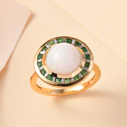 AA Natürlicher, äthiopischer Welo Opal, Smaragd Ring 925 Silber 750 Gelbgold Vermeil (Größe 18.00) ca. 3.25 ct